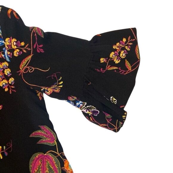 H&M Black with Colorful Floral Print Dress with Ruffle Sleeves Women Size 6 - Picture 7 of 12